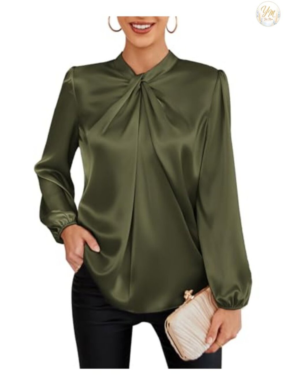 Women's Satin Long Sleeve Blouse Business Casual Twist Neck Top